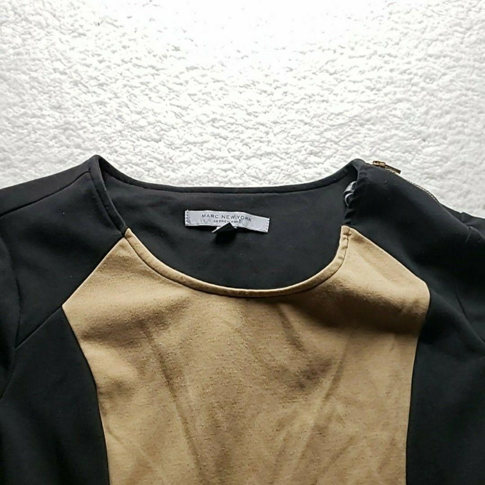 Marc New York Dress Womens L Black Tan Colorblock 3/4 Sleeve Scoop Sheath Short